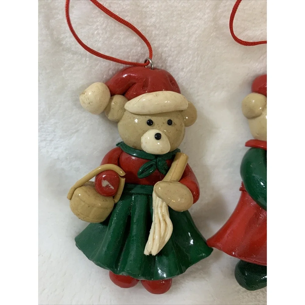 Lot Of 2 Vintage Glazed Salt Dough Type Christmas Bear Festive Holiday Ornaments